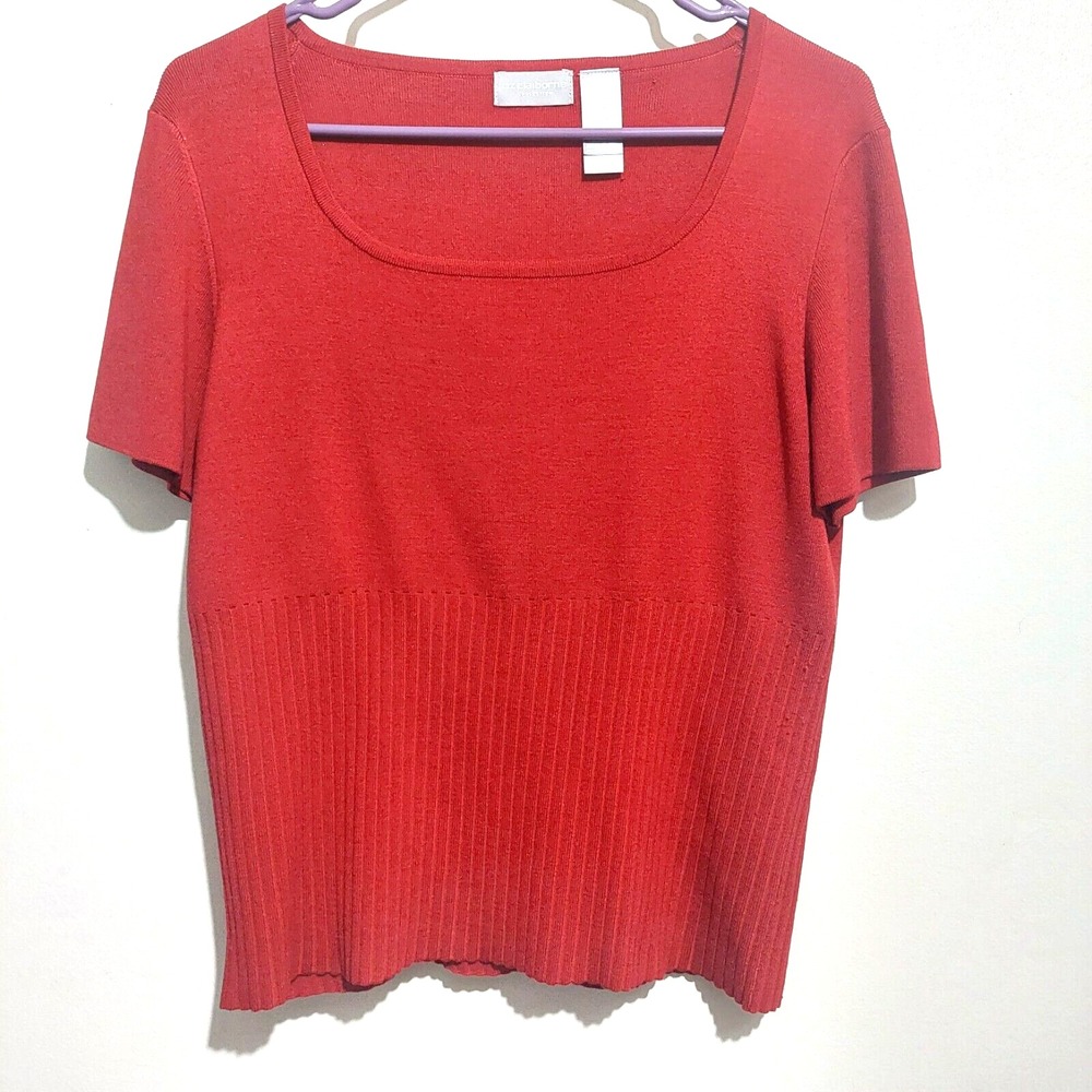 Liz Claiborne Womens Large Silk Blend Knit Sweater Red Short Sleeves Ribbing